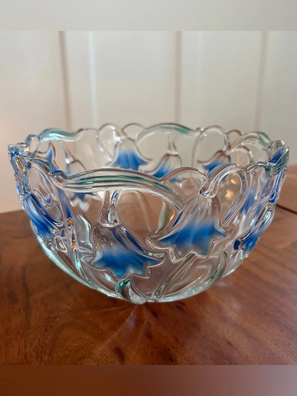 Vintage Mikasa Bluebells Floral Green Blue Clear Glass Bowl 8” Flowers Retro